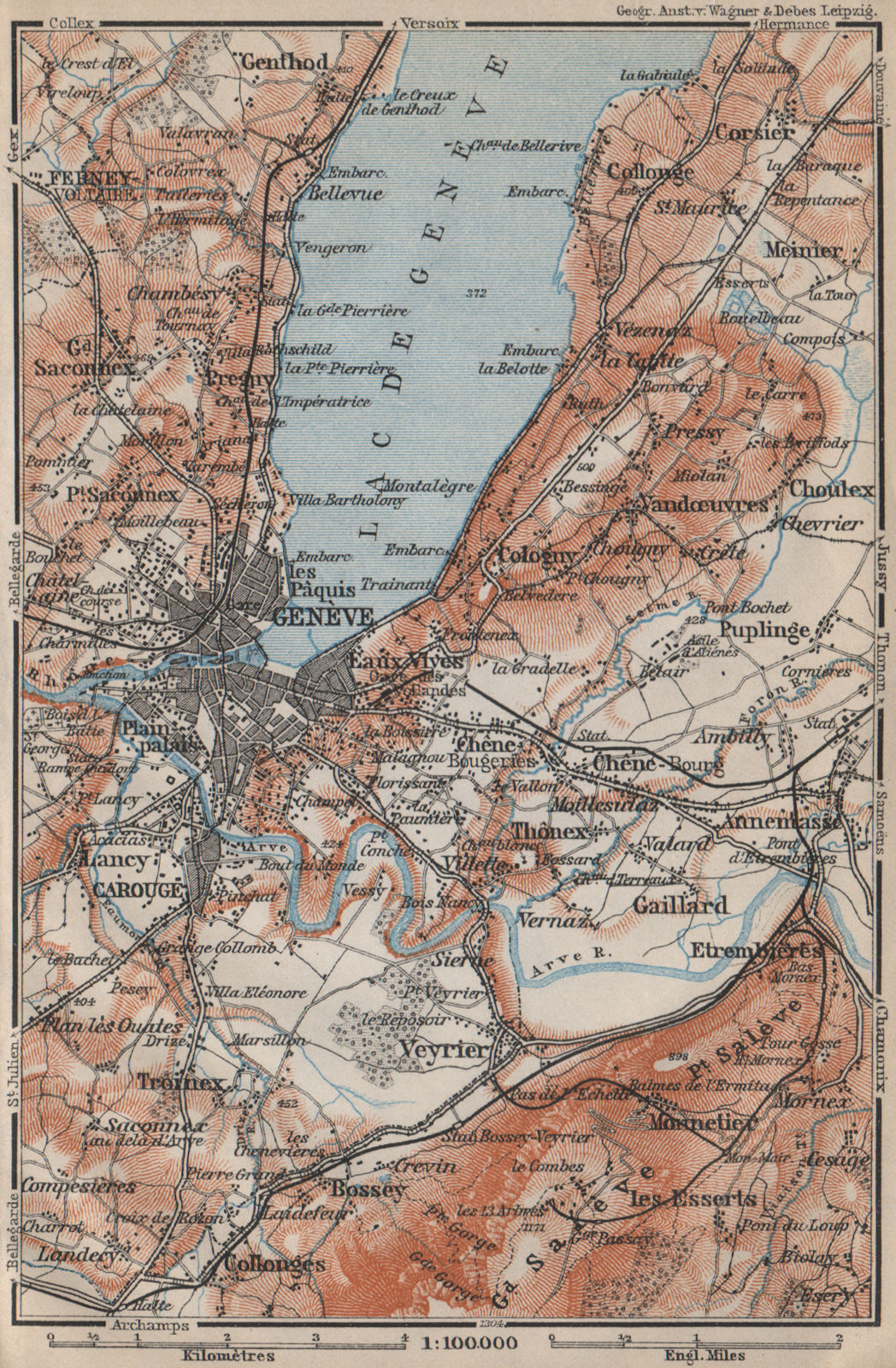 GENEVA GENÈVE GENF ENVIRONS. Switzerland Suisse Schweiz carte karte 1907 map
